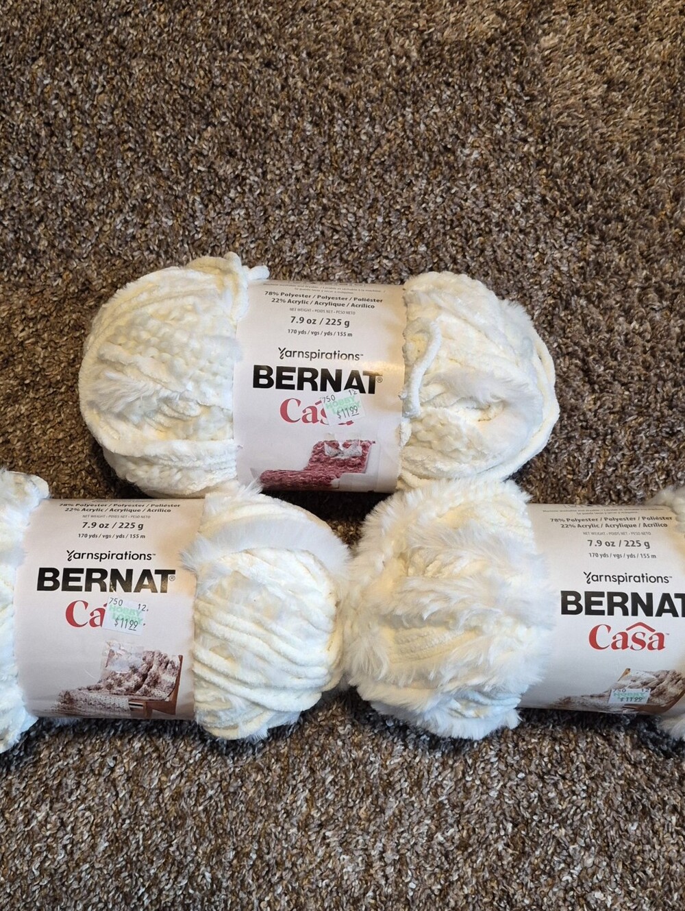 NEW Bernat Casa Yarnspirations Yarn Cream #161022 Bundle of 3 Super Bulky #6